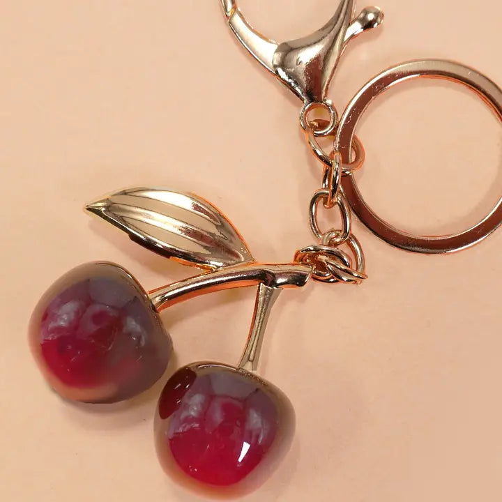 Shiny Cherry Drop with Leaf Keychain Bag Charm