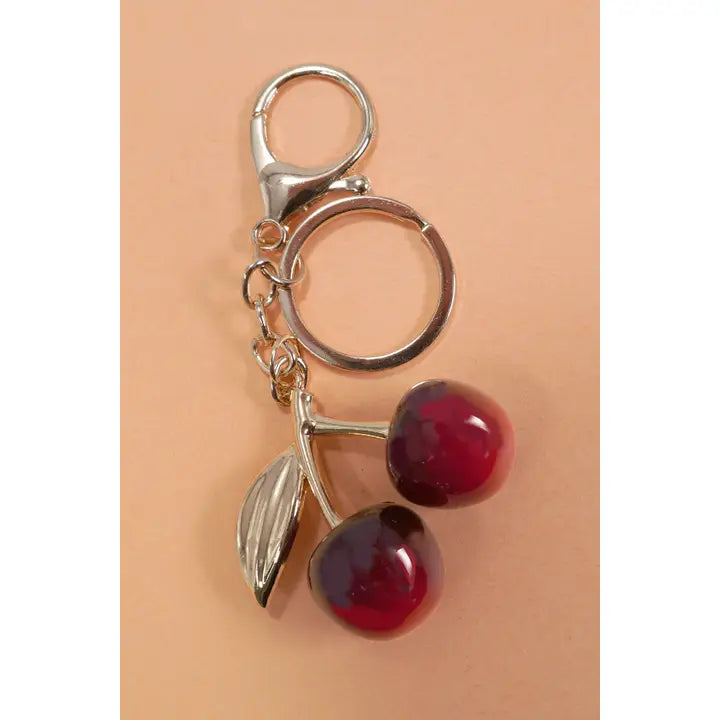 Shiny Cherry Drop with Leaf Keychain Bag Charm
